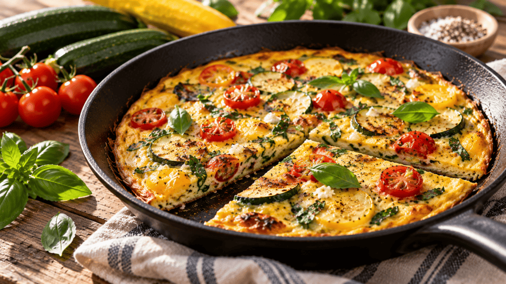 A vegetable frittata in a cast iron pan sitting on a table surrounded by a selection of veggies.