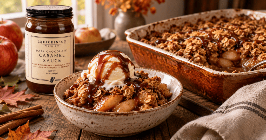 A dish of caramel apple crisp made with J.Q. Dickinson Salt-Works caramel sauce