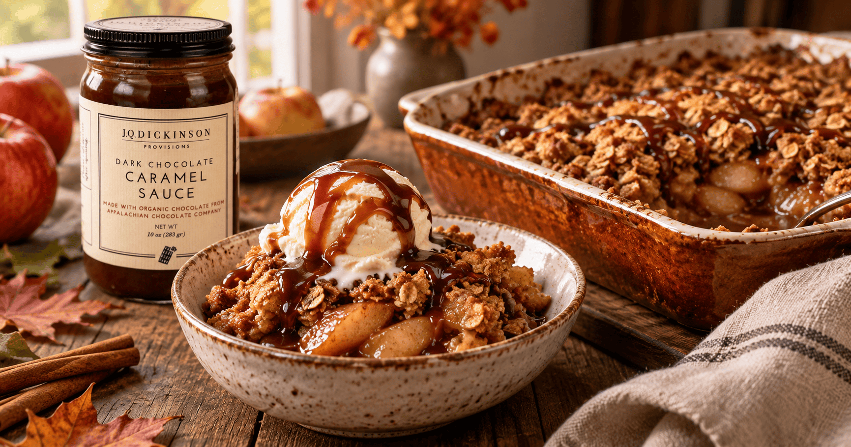 A dish of caramel apple crisp made with J.Q. Dickinson Salt-Works caramel sauce